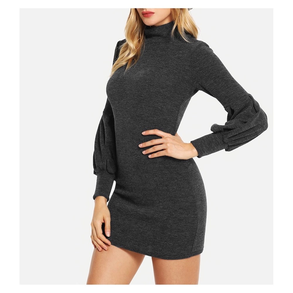 Grey High Neck Bishop Sleeve Bodycon Knit Dress - Picture 3 of 5